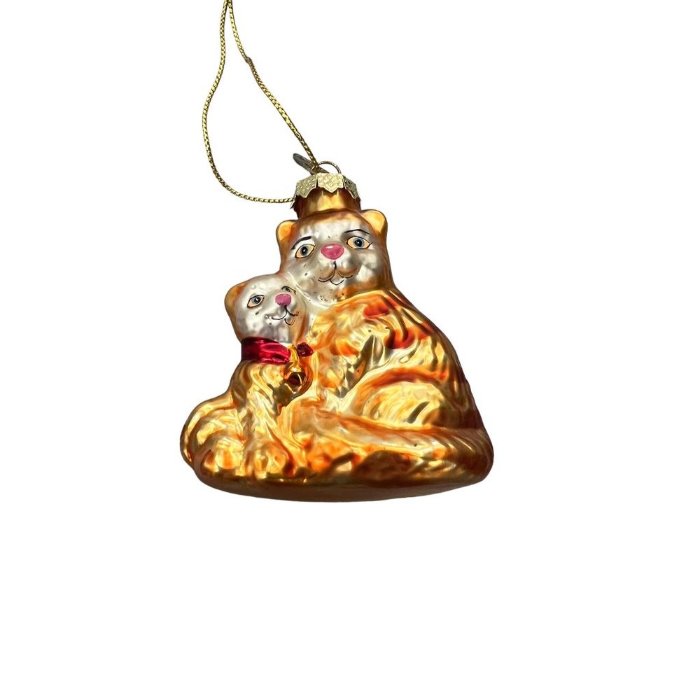Vintage Thomas Pacconi Blown Glass Ornament Cats Mom Kitten Tabby 3" tall